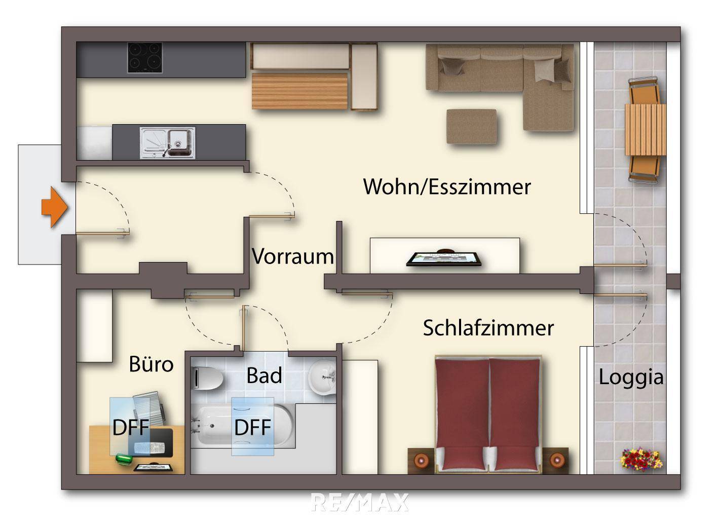 Grundriss als schematische Darstellung möbliert