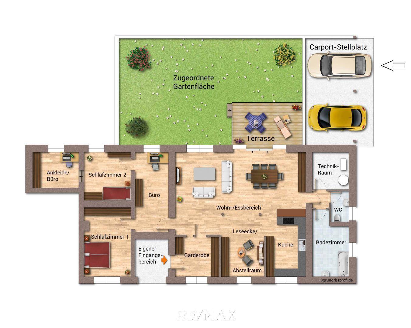 Grundriss zeigt die Aufteilung der Wohnung mit Gartenfläche und Carport-Stellplatz.