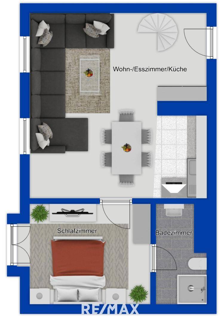 Grundriss der unteren Ebene mit offenem Wohn-/Esszimmer/Küche, Schlafzimmer und Badezimmer.