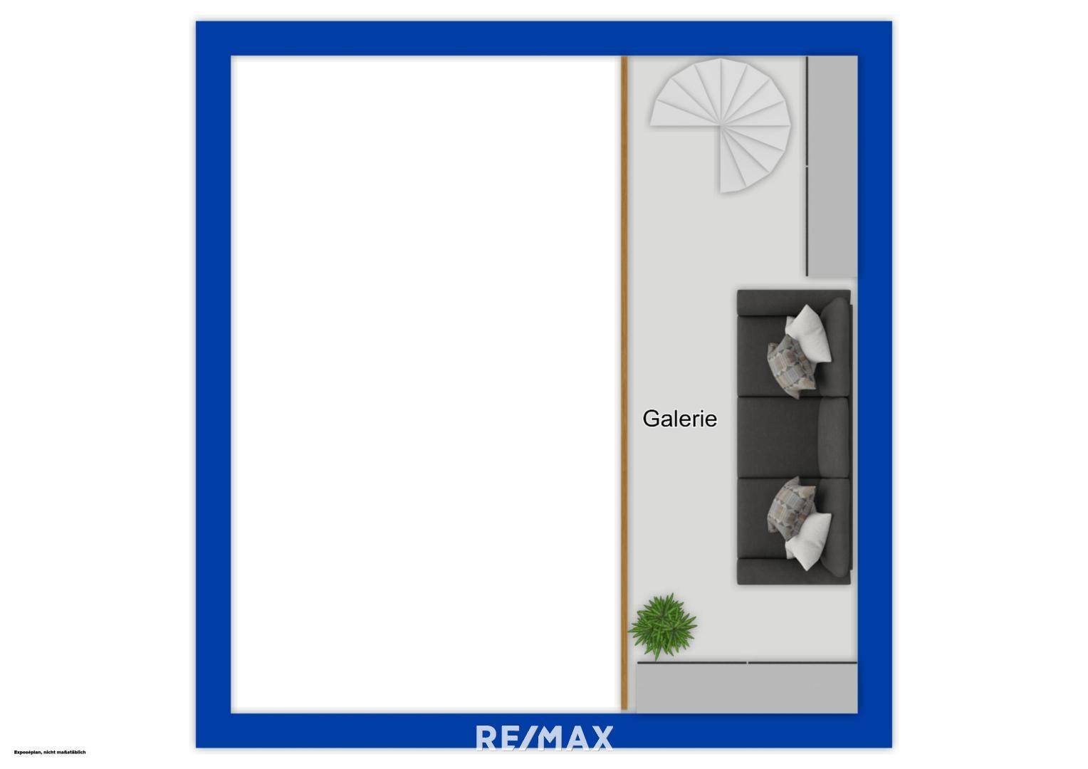 Grundriss der oberen Galerie-Ebene mit offenem Bereich und Wendeltreppe.