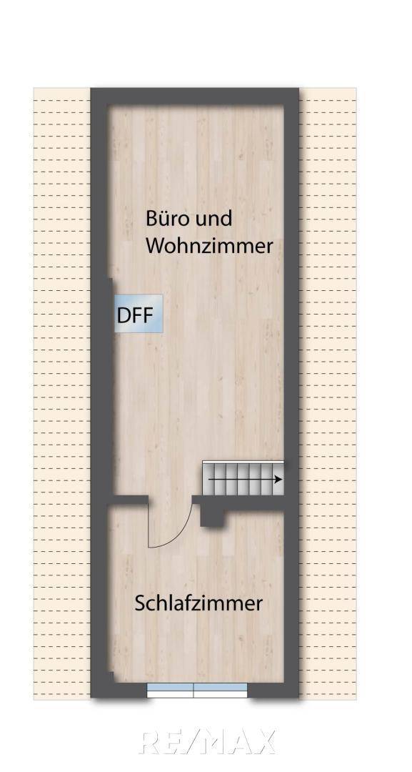 Unmöblierter Grundriss des Obergeschosses mit Büro- und Schlafzimmerbereichen.