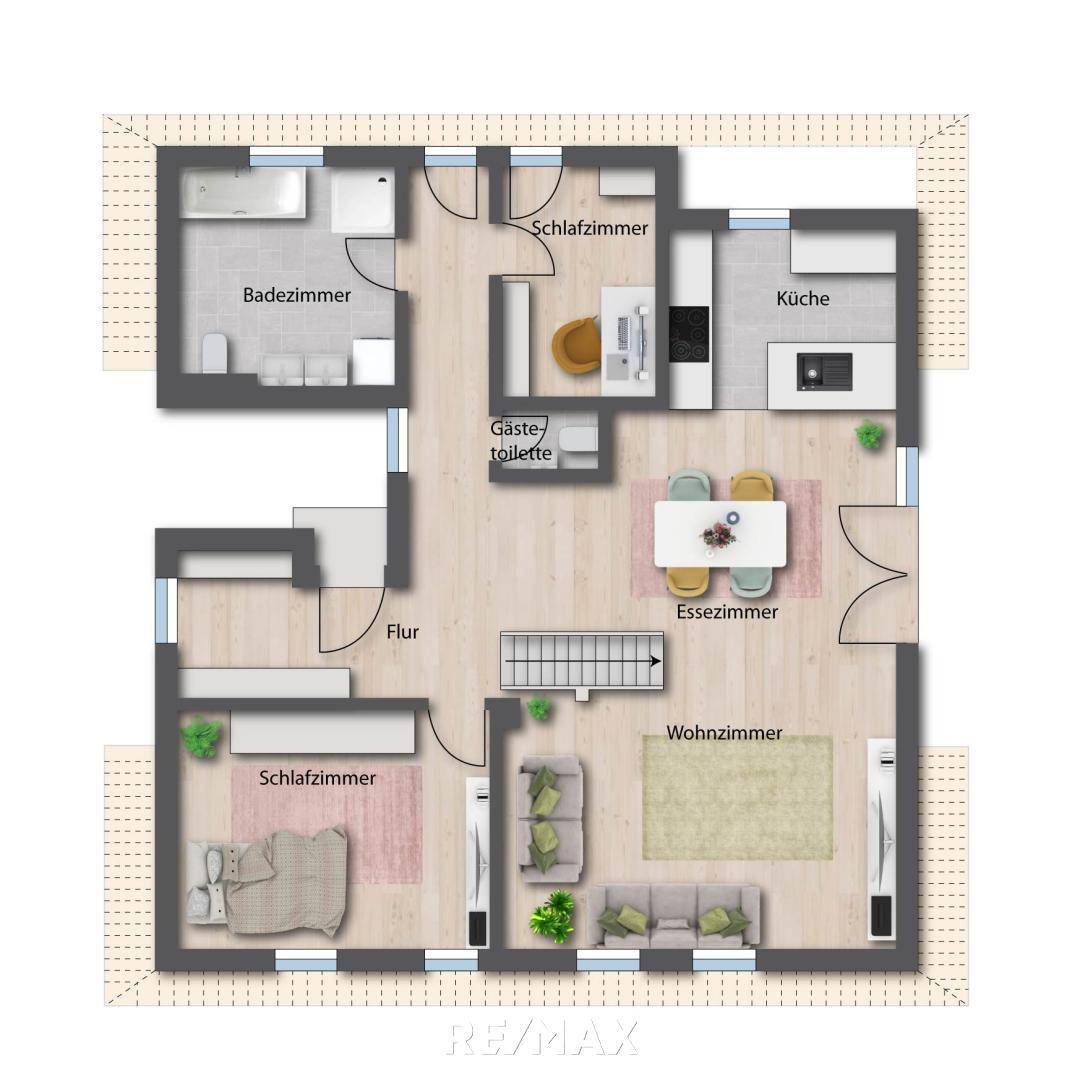 Möblierter Grundriss der Hauptwohnebene mit Wohnzimmer, Esszimmer und zwei Schlafzimmern.