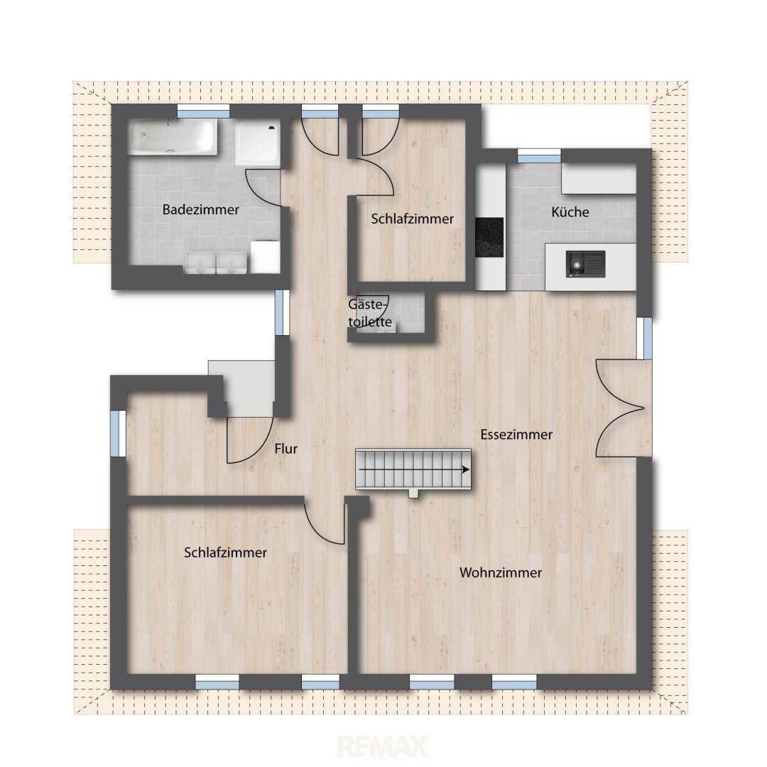Grundriss des Obergeschosses mit Wohnzimmer, Esszimmer, Küche, zwei Schlafzimmern und zwei Bädern.