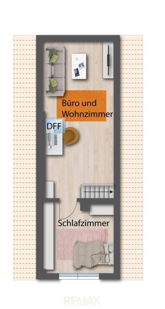 Grundriss des Dachgeschosses mit Büro, Wohnzimmer und Schlafzimmer.