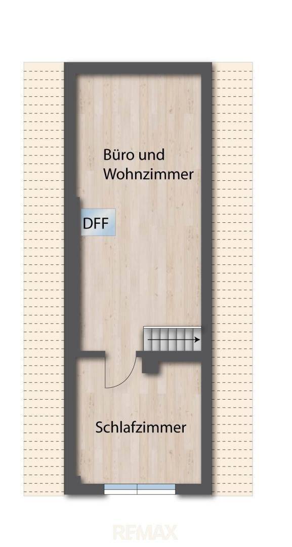 Grundriss des Dachgeschosses mit Büro, Wohnzimmer und Schlafzimmer.