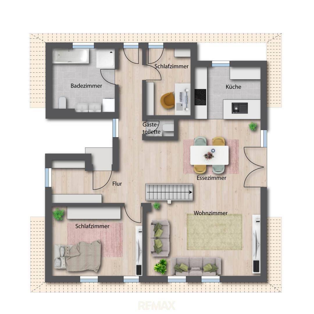 Grundriss des Obergeschosses mit Wohnzimmer, Esszimmer, Küche, zwei Schlafzimmern und zwei Bädern.