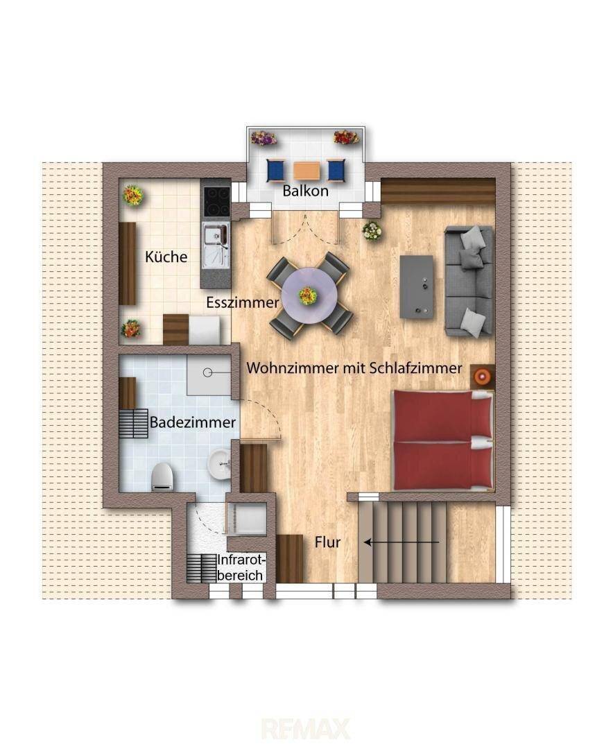 Grundriss einer Wohnung mit Küche, Essbereich, Wohn-/Schlafzimmer und Balkon.