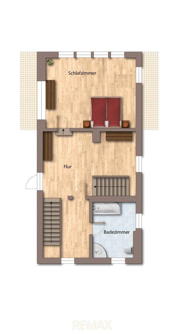 Grundriss des Obergeschosses mit Schlafzimmer und Badezimmer.