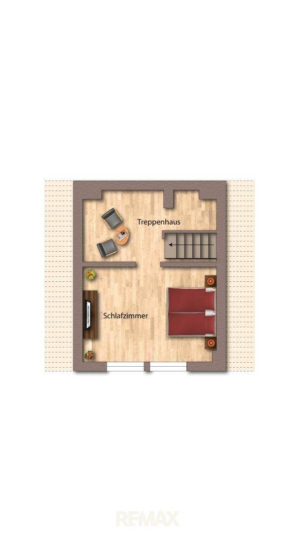 Grundriss eines Schlafzimmers mit Doppelbett und Zugang zum Treppenhaus.