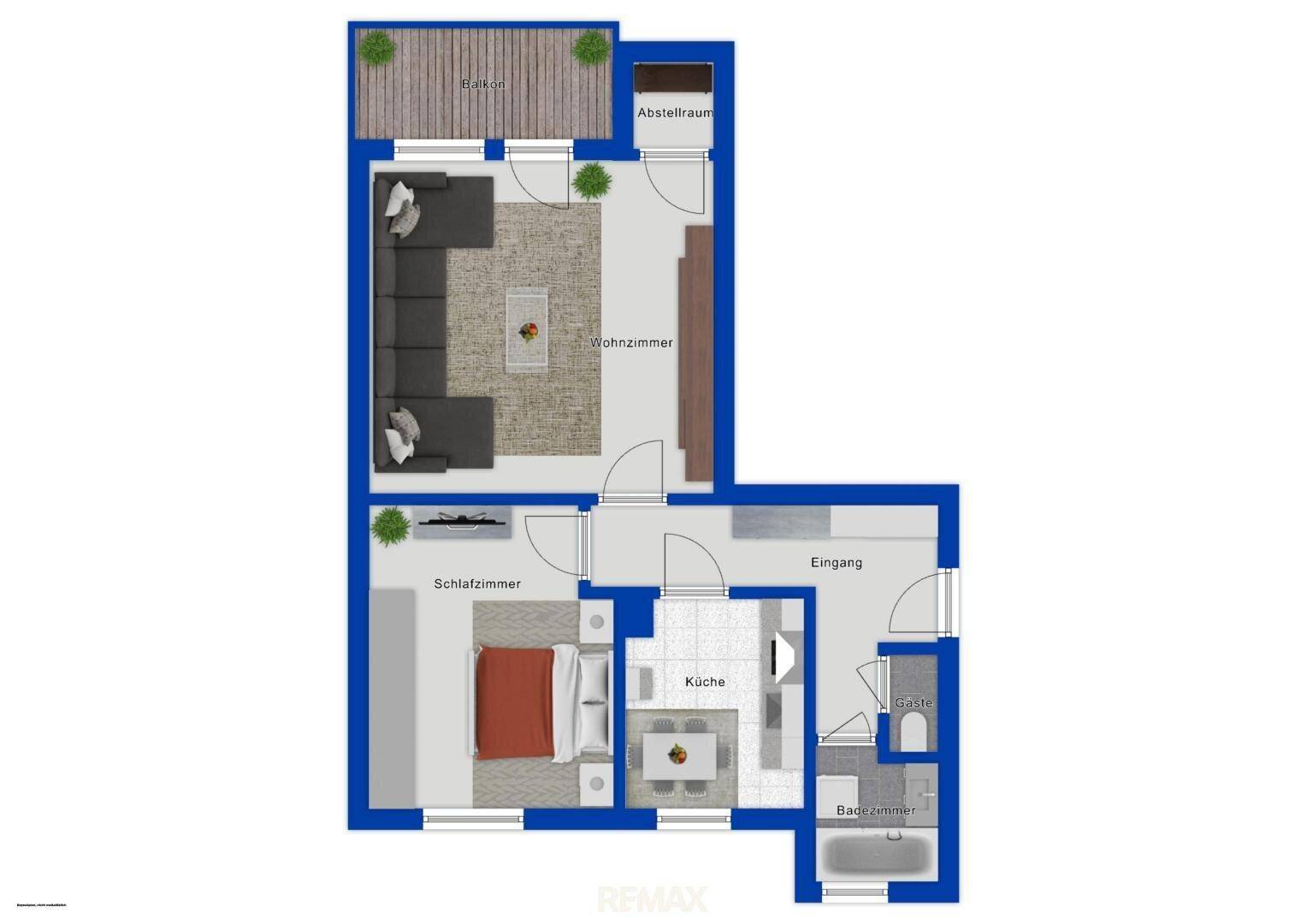 Detaillierter Grundriss einer Wohnung mit Wohnzimmer, Schlafzimmer, Küche, Bad und Balkon.