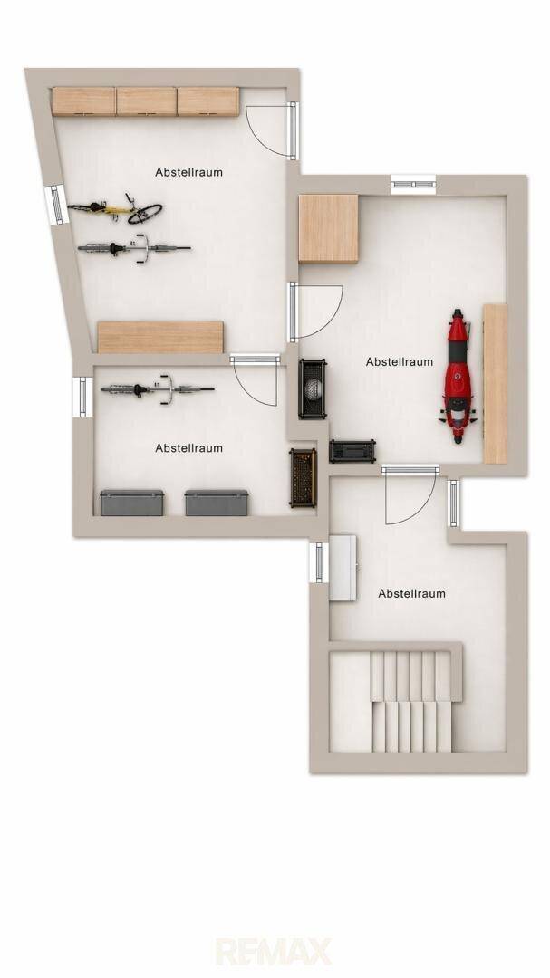 Grundriss des Abstellraums im Untergeschoss mit Lagerflächen und Treppenzugang.