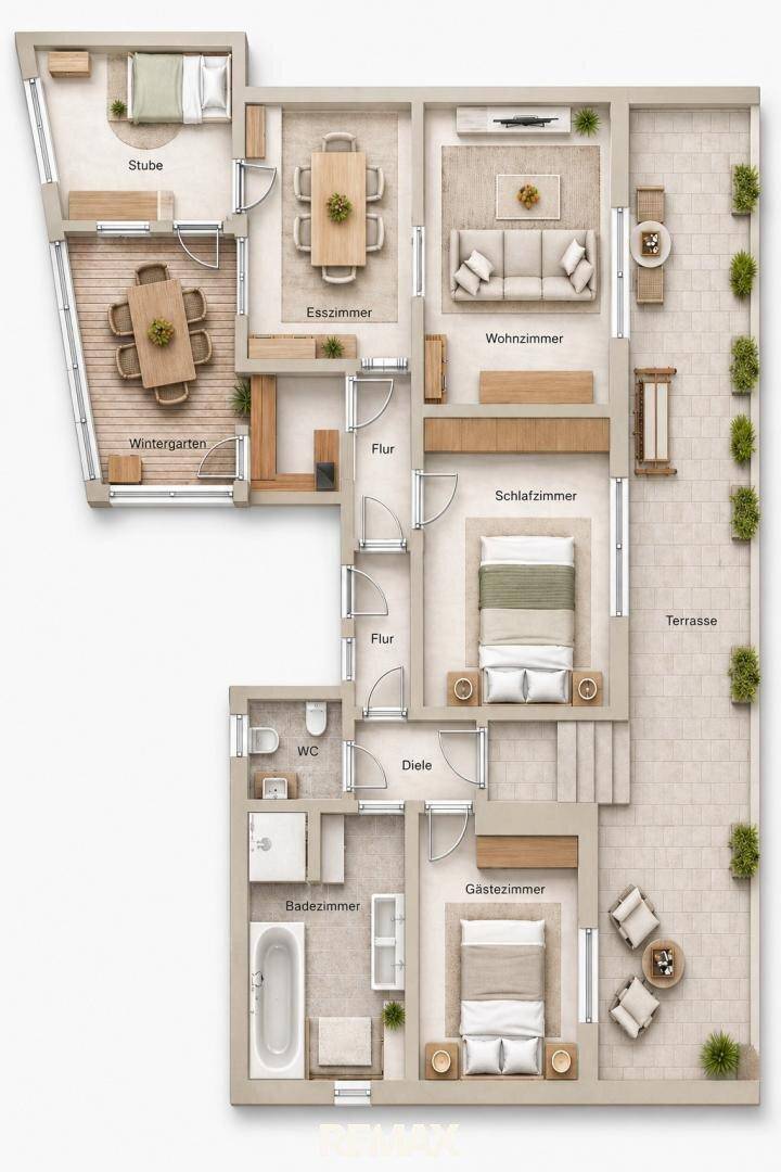 Detaillierter Grundriss mit Wohnzimmer, Esszimmer, Schlafzimmern, Bad, WC, Wintergarten und Terrasse.