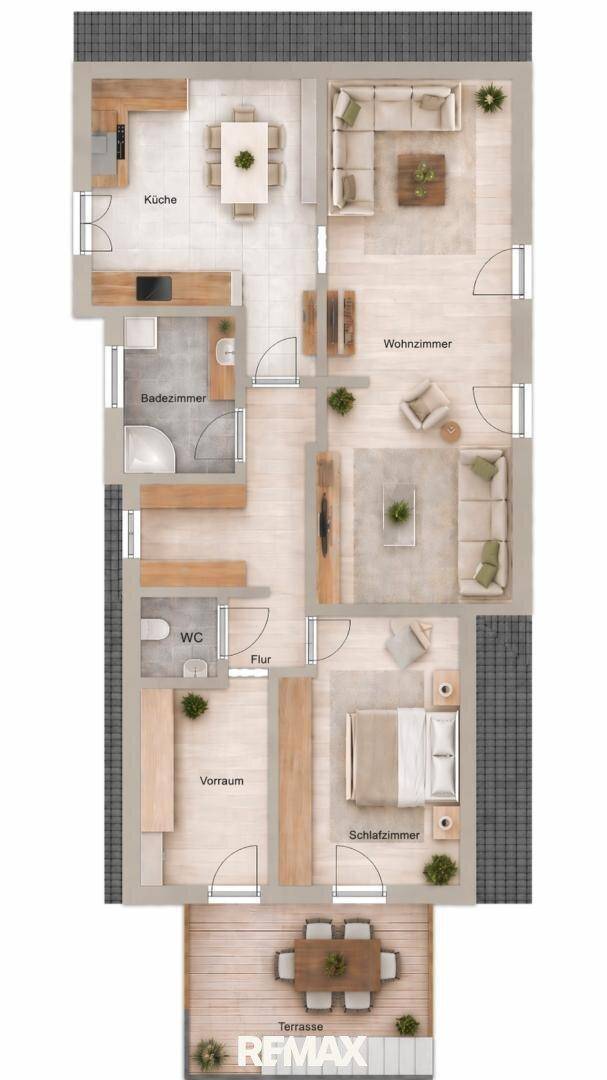 Grundriss mit Küche, Wohnzimmer, Schlafzimmer, Bad, WC, Vorratsraum und Terrasse.
