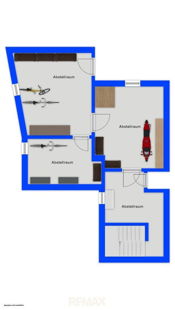 Grundriss des Abstellraums im Untergeschoss mit hervorgehobenen Wänden und Lagerflächen.