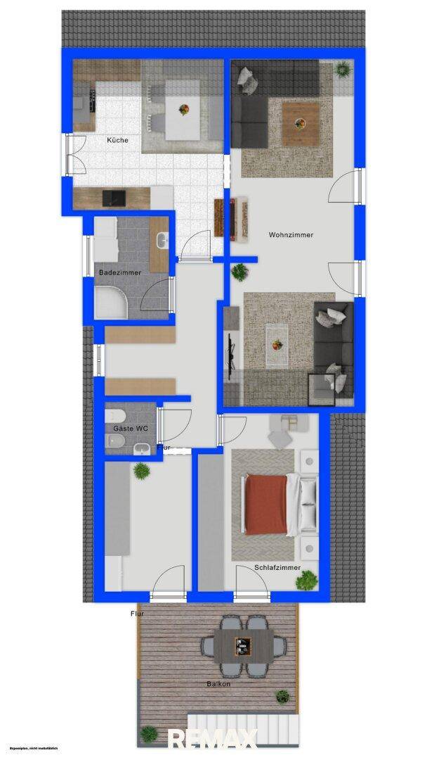 Grundriss mit hervorgehobenen Wänden, Küche, Wohnzimmer, Schlafzimmer, Bad und Terrasse.