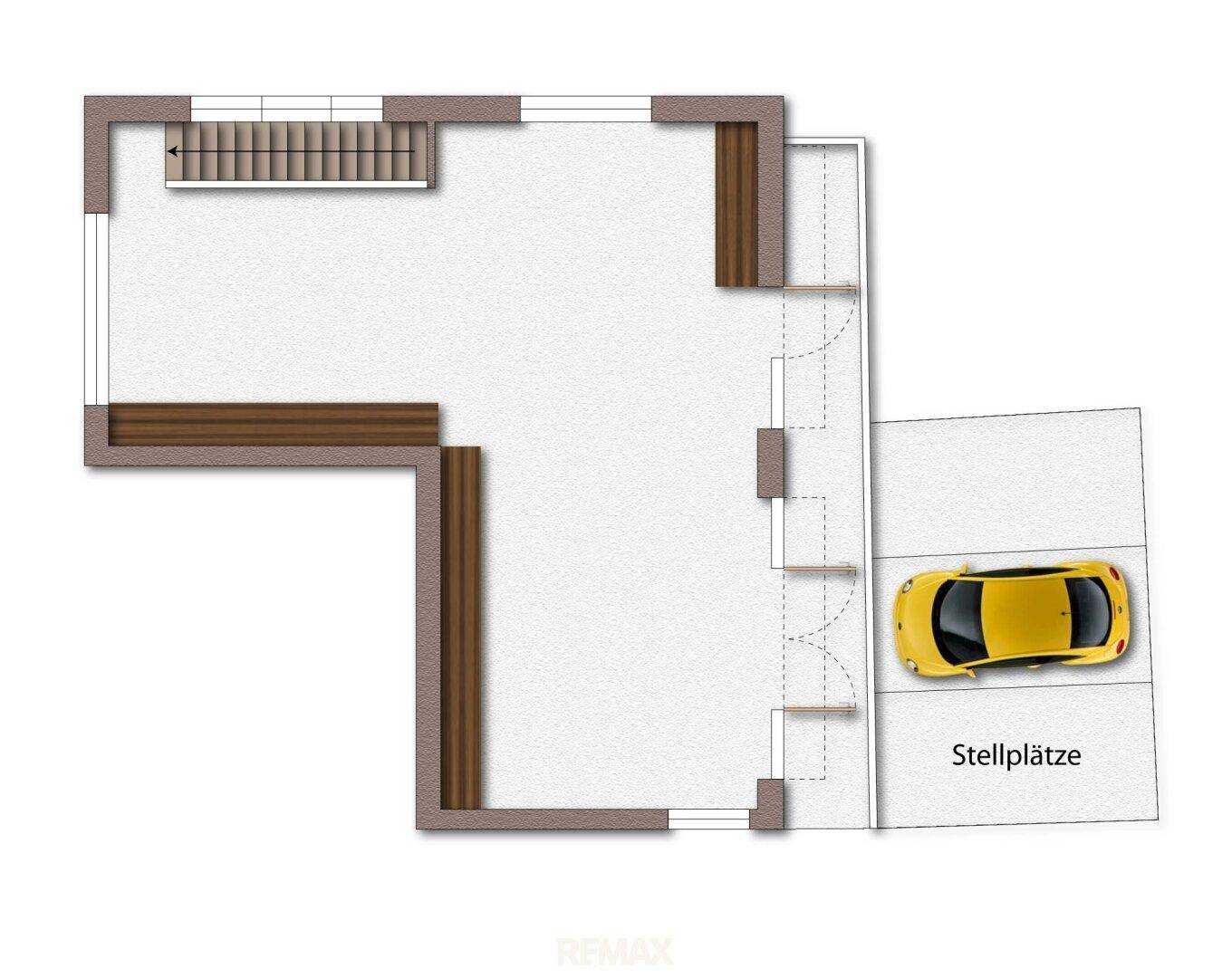 Grundrissplan eines großen Raumes mit Treppe und angrenzenden Stellplätzen im Außenbereich.
