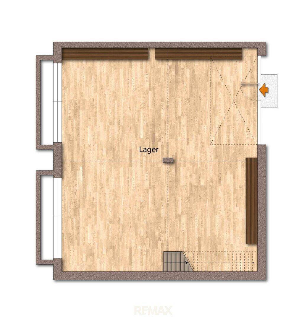 Grundrissplan eines Lagerraums mit Holzfußbodenoptik, Fenstern und einer internen Treppenverbindung.