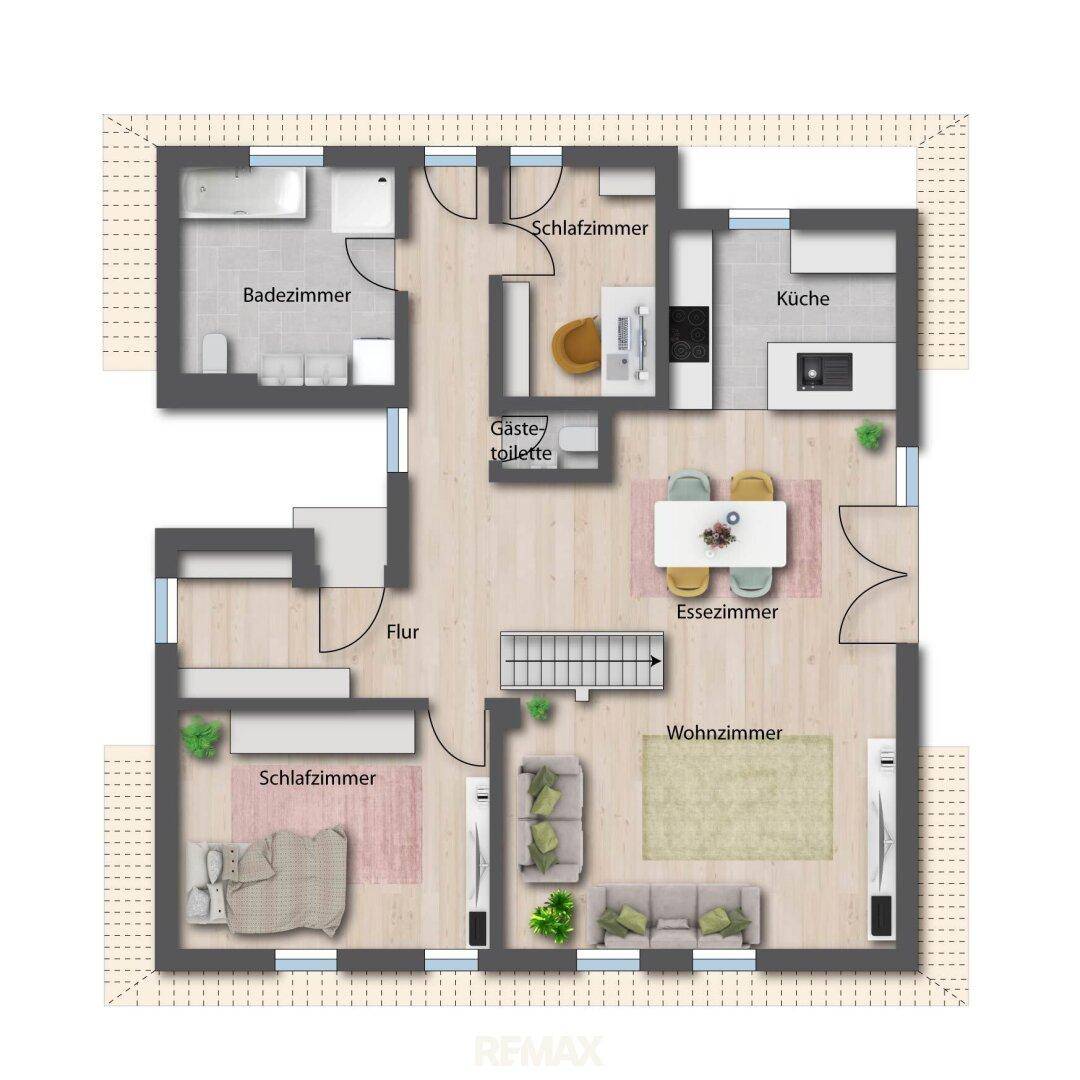 Grundriss des Obergeschosses mit Wohnzimmer, Esszimmer, Küche, zwei Schlafzimmern und zwei Bädern.