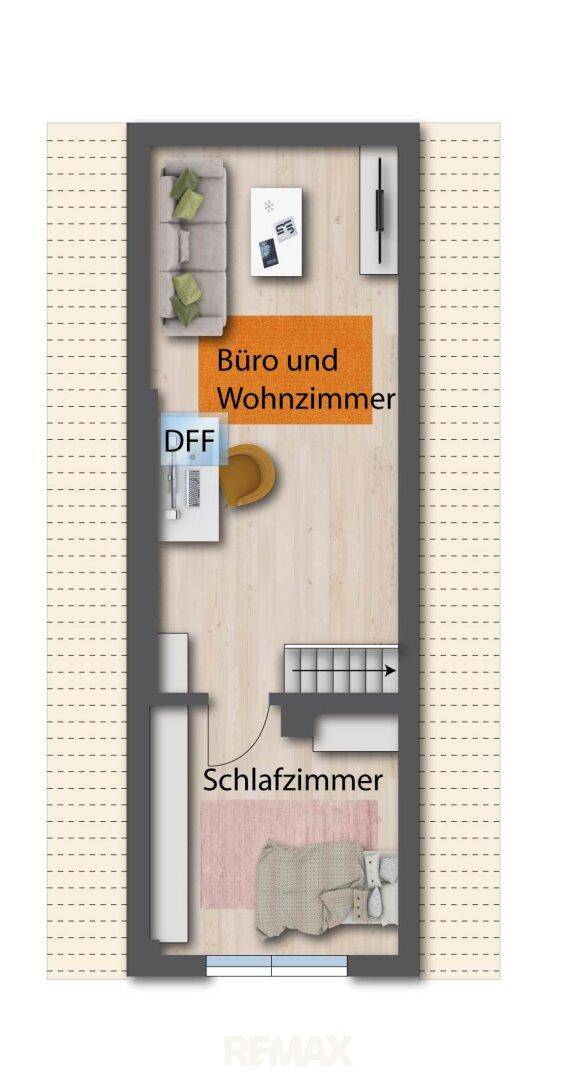 Grundriss des Dachgeschosses mit Büro, Wohnzimmer und Schlafzimmer.
