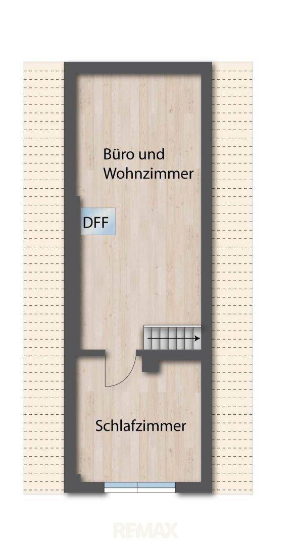 Grundriss des Dachgeschosses mit Büro, Wohnzimmer und Schlafzimmer.