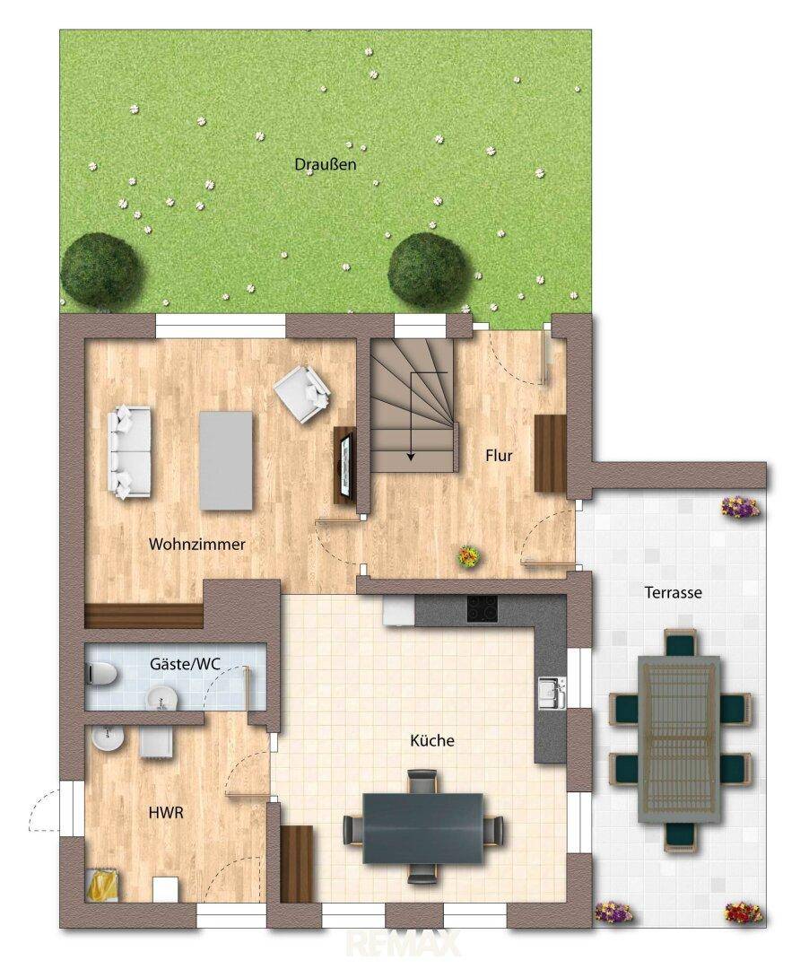 Grundriss des Erdgeschosses mit Wohnzimmer, Küche, Terrasse und Gartenbereich.