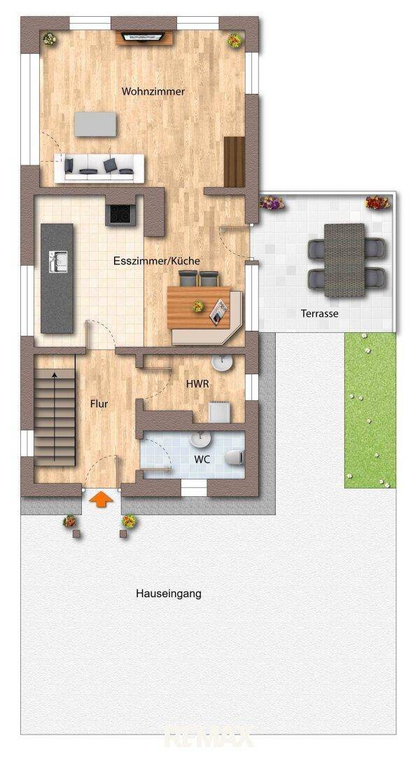 Grundriss des Erdgeschosses mit Wohnzimmer, offener Küche, Terrasse und Hauseingang.