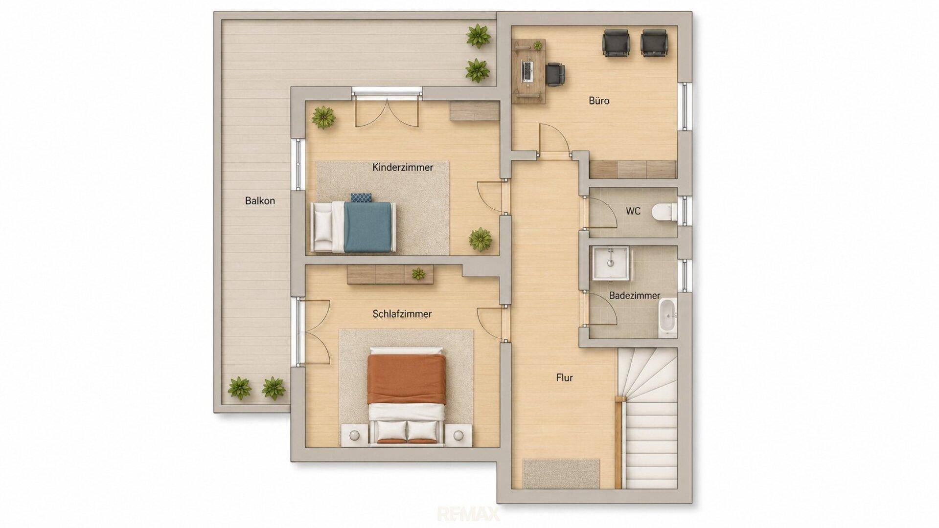 Grundriss des Obergeschosses mit Schlafzimmern, Kinderzimmer, Büro, Bad und Balkon.