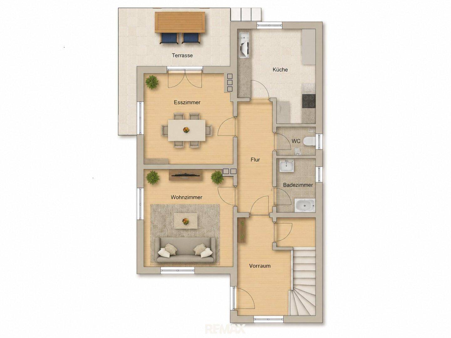 Grundriss des Erdgeschosses mit Wohnzimmer, Esszimmer, Küche, Bad und Terrasse.