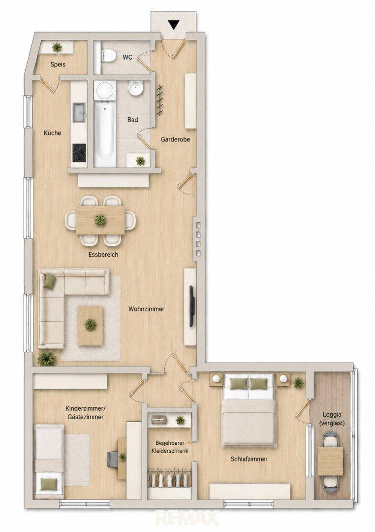 Detaillierter Grundriss der Wohnung mit Wohnzimmer, Essbereich, Küche, Schlafzimmern und Loggia.