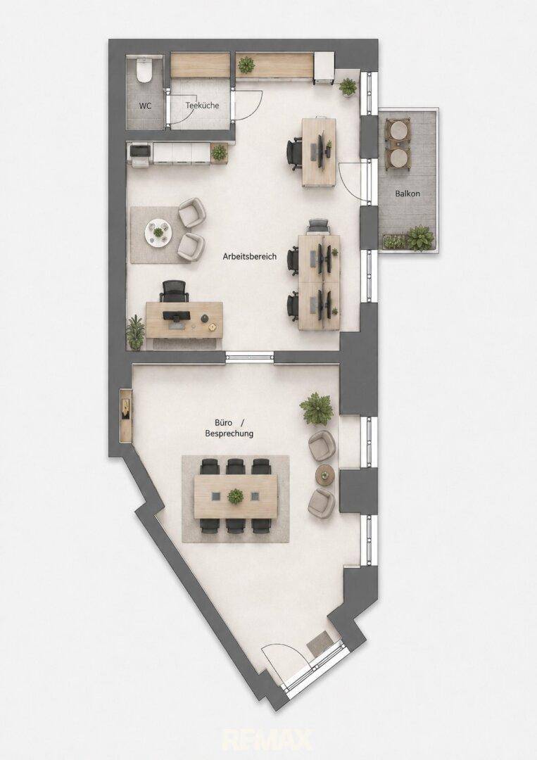 Detaillierter Grundriss einer Wohnung mit Bürobereichen, Teeküche und Balkon.