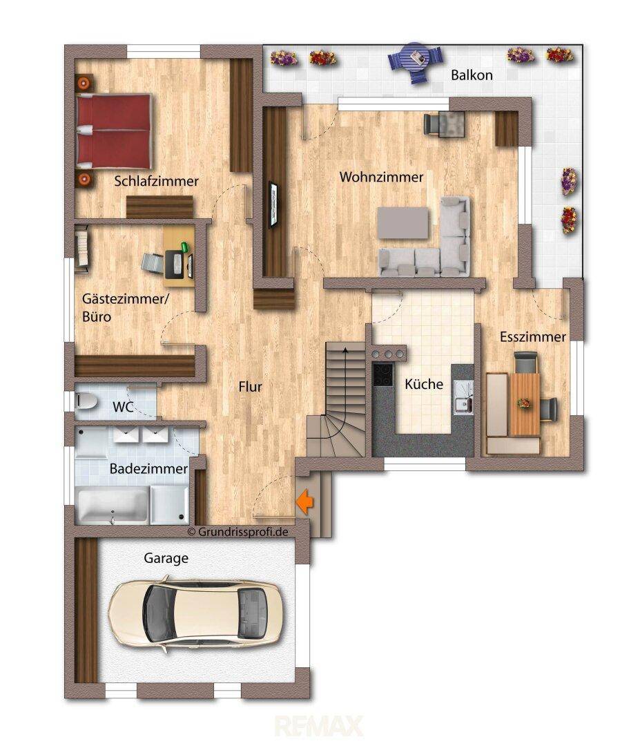 Grundriss des Obergeschosses mit Schlafzimmer, Wohnzimmer, Küche, Esszimmer und Balkon.