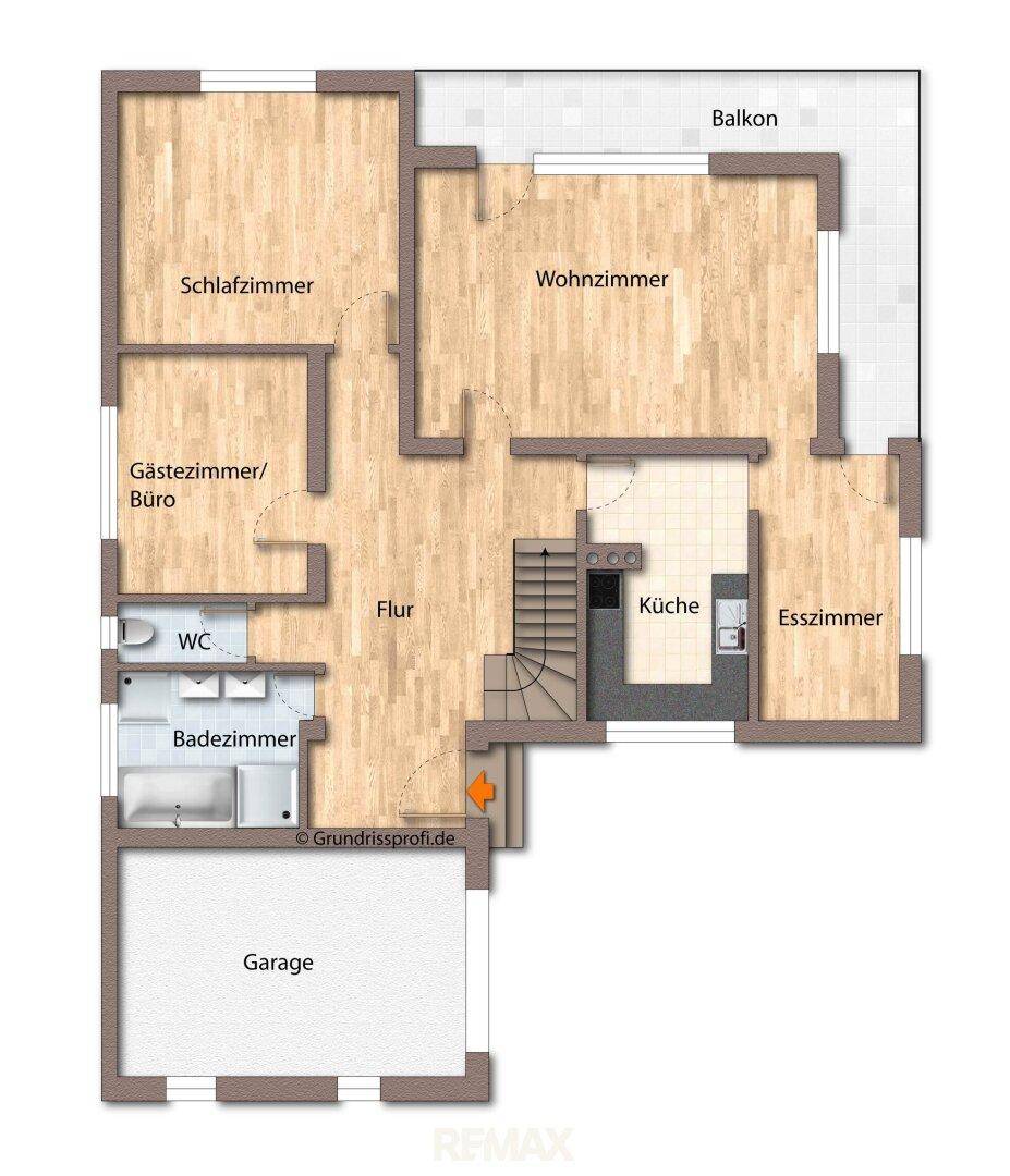 Grundriss des Obergeschosses mit Schlafzimmer, Wohnzimmer, Küche, Esszimmer und Balkon.