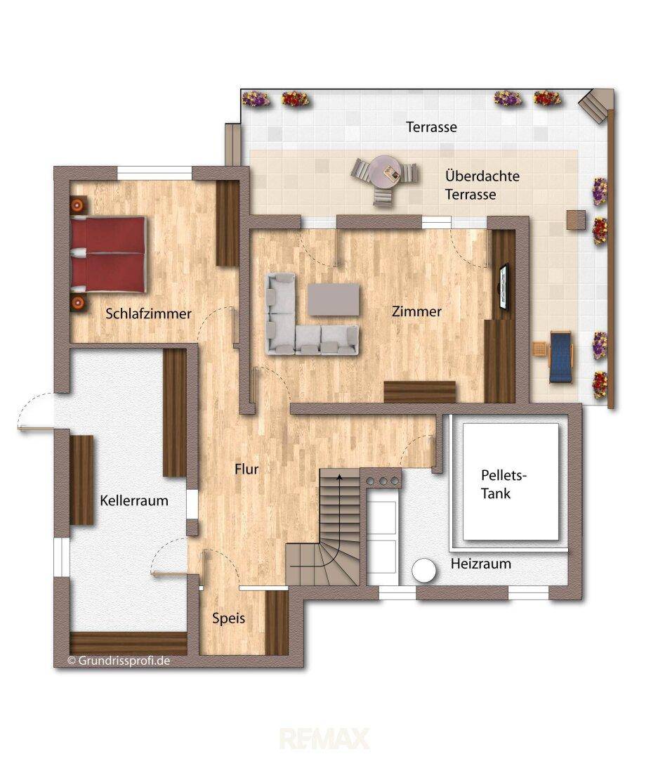 Grundriss des Untergeschosses mit Schlafzimmer, Kellerraum, Heizraum und großer Terrasse.