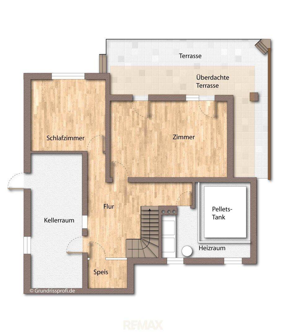 Grundriss des Untergeschosses mit Schlafzimmer, Kellerraum, Heizraum und Terrassenzugang.