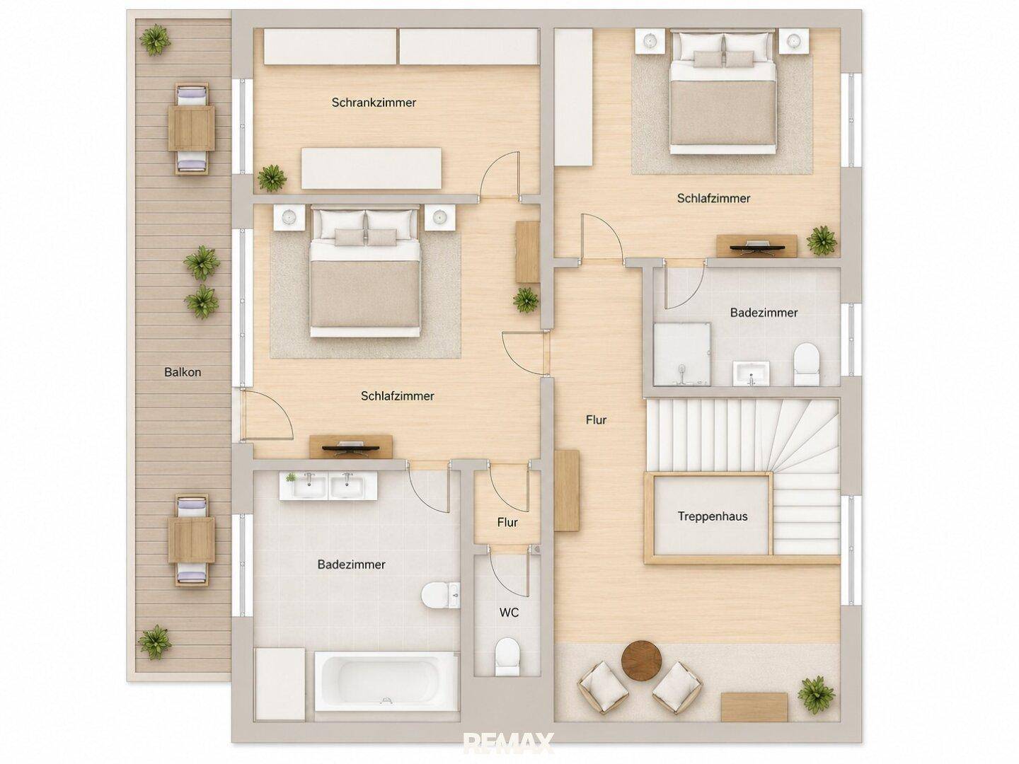 Grundriss des Obergeschosses mit drei Schlafzimmern, zwei Bädern, WC und Balkon.
