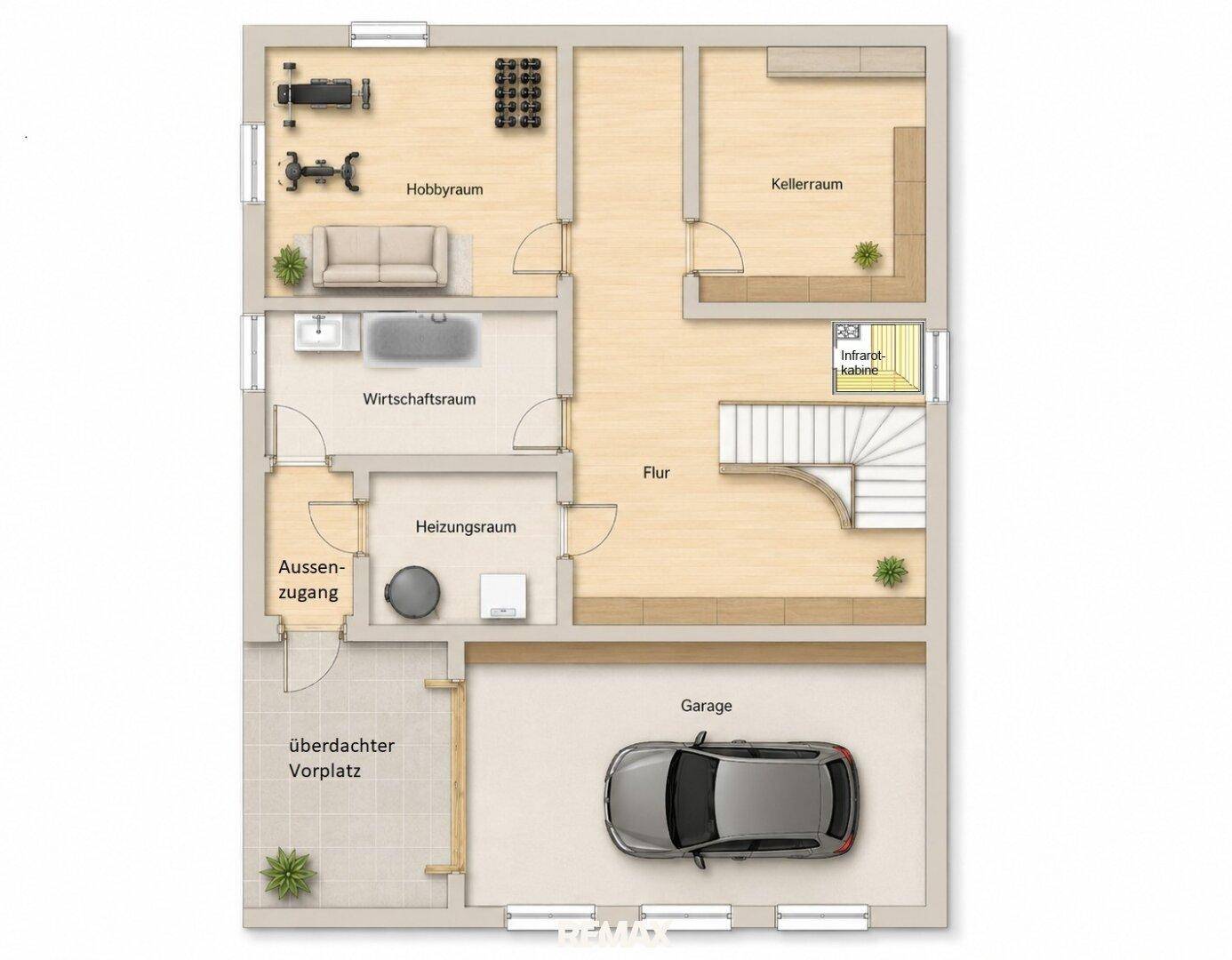 Grundriss des Untergeschosses mit Hobbyraum, Keller, Heizungsraum und Garage.