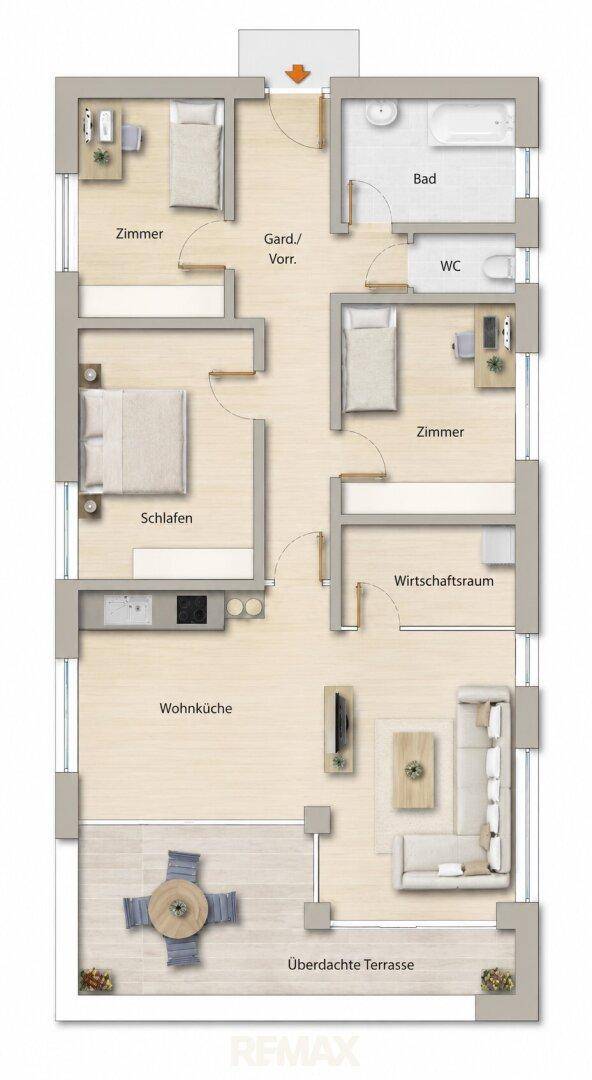 Grundriss einer Wohnung mit drei Schlafzimmern, offener Wohnküche und überdachter Terrasse.