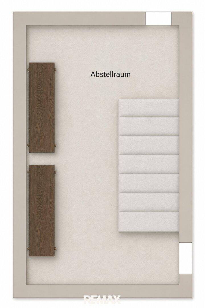 Grundriss eines Abstellraums mit Heizkörpern und einer gepolsterten Wand.
