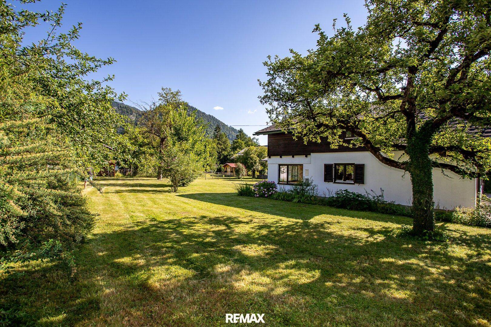 Großer, sonniger Garten mit altem Baumbestand und weitem Blick in die Natur.