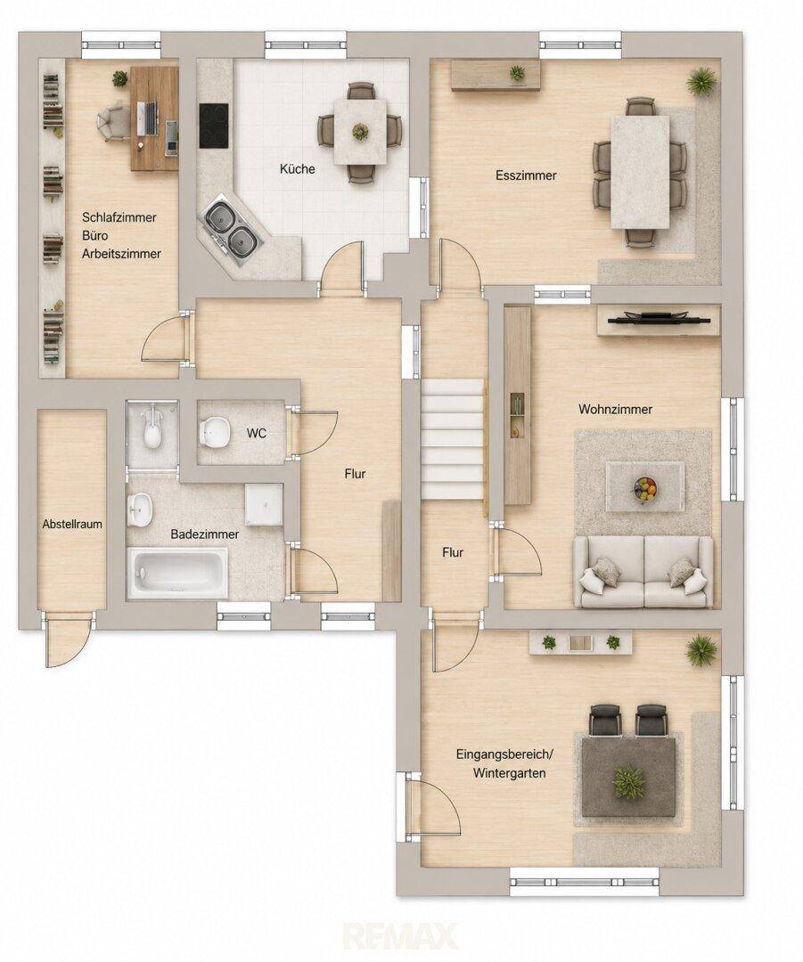 Grundriss des Erdgeschosses mit Küche, Esszimmer, Wohnzimmer, Bad und Wintergarten.