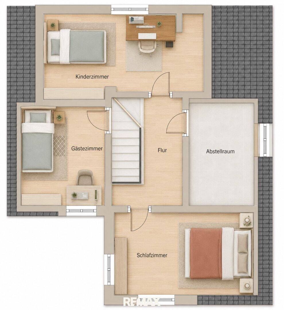Grundriss des Obergeschosses mit Kinderzimmer, Gästezimmer, Schlafzimmer und Abstellraum.
