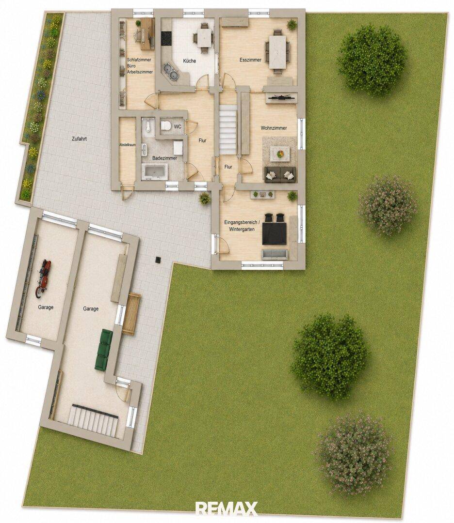 Gesamtgrundriss des Anwesens mit Haus, Garage, Zufahrt und großem Gartenbereich.