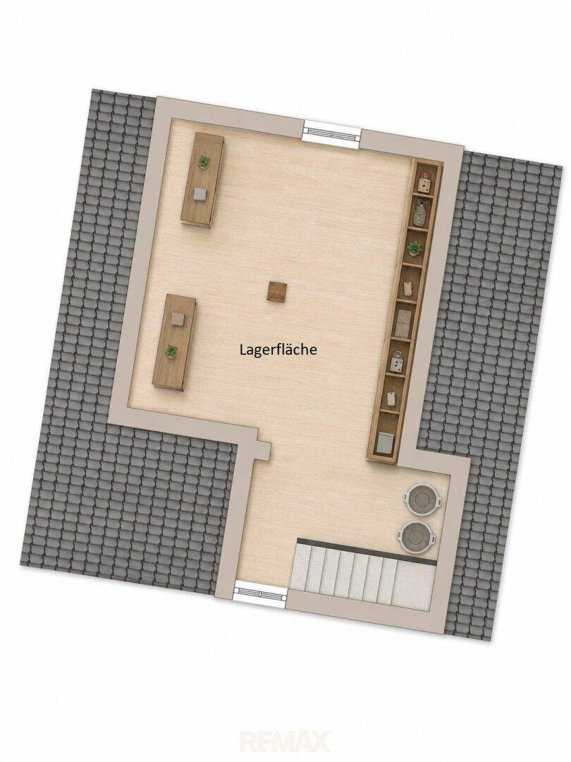 Grundriss des Dachgeschosses mit Lagerfläche und Zugang über eine Treppe.