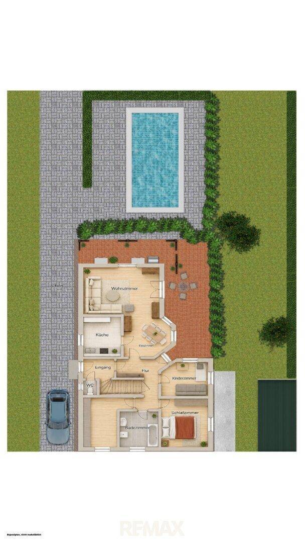 Grundriss des Erdgeschosses mit direktem Zugang zum Außenbereich, Pool und Terrasse.