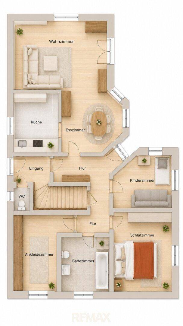 Detaillierter Grundriss des Erdgeschosses mit Wohnzimmer, Küche, Esszimmer und Schlafbereichen.