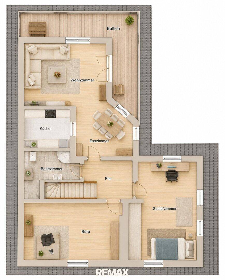 Grundriss des Obergeschosses mit offenem Wohnbereich, Küche, Esszimmer, Schlafzimmer und Balkon.