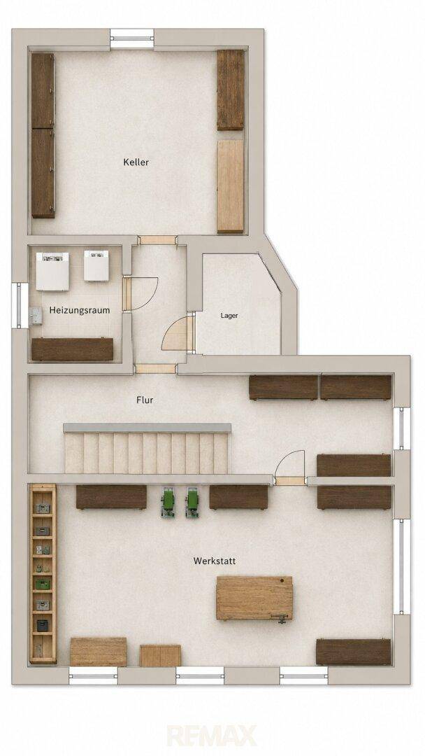 Grundriss des Kellers mit Heizungsraum, Lagerflächen, Werkstatt und zusätzlichem Stauraum.