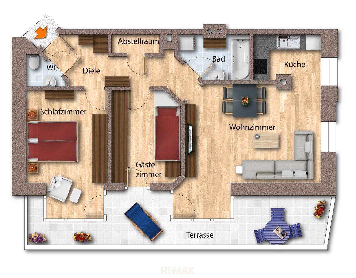 Detaillierter Grundriss der Wohnung mit Wohnzimmer, Schlafzimmern und Terrasse.