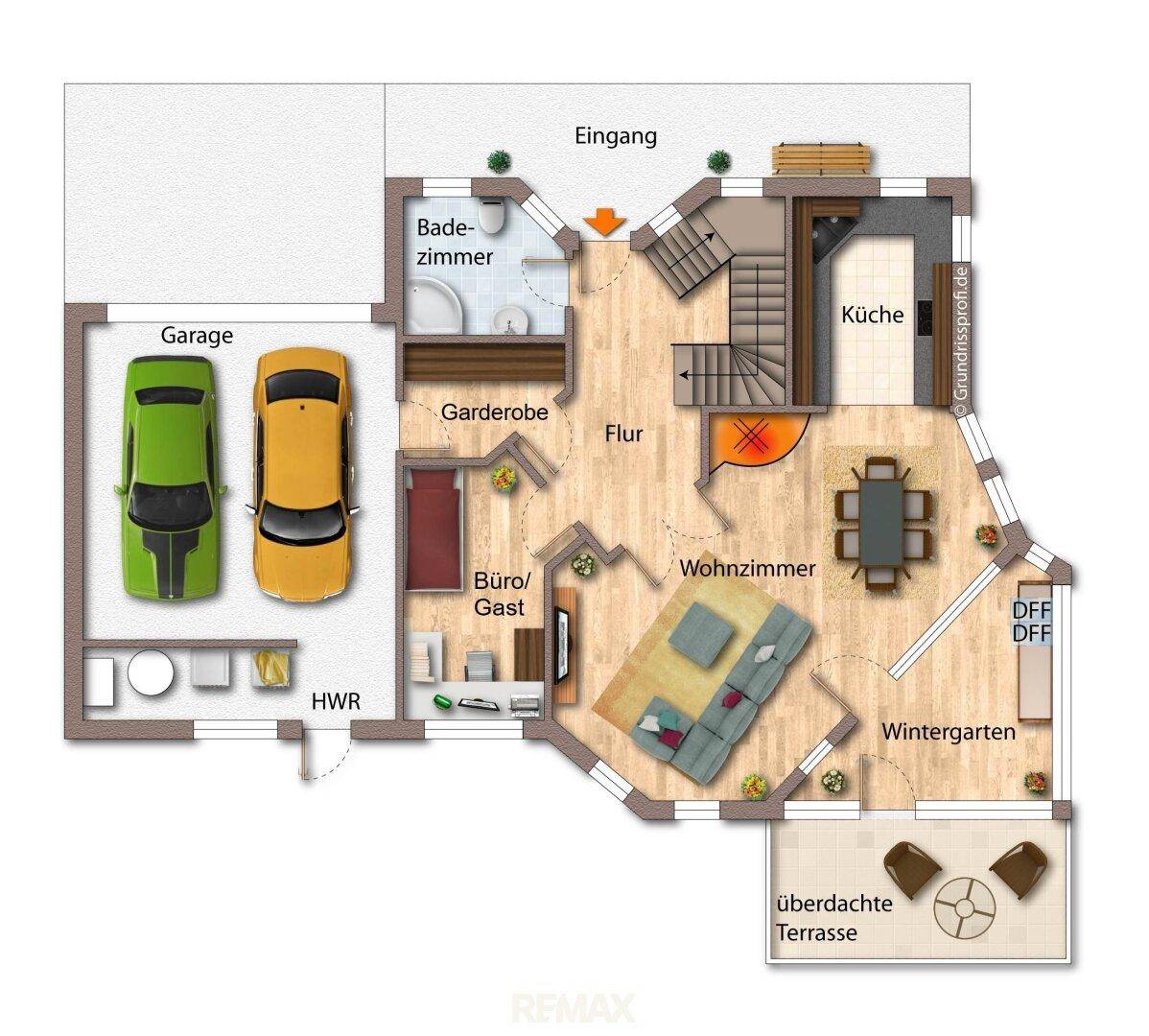 Grundriss des Erdgeschosses mit Garage, Wohnzimmer, Küche und Wintergarten.
