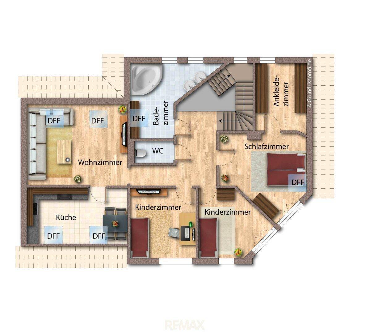 Grundriss des Obergeschosses mit Schlafzimmern, Badezimmer und Ankleidezimmer.